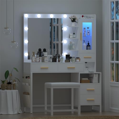 White Vanity Desk with Lighted Mirror and Chair, 5 Drawers Q413