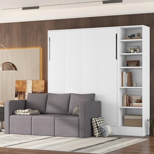 MERITLINE Queen Murphy Bed with Couch and Storage Shelves, White M951