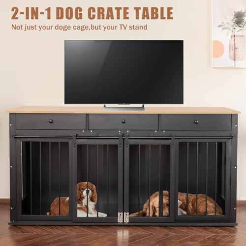 Sunseen Dog Crate Furniture Large Breed Wooden Kennel with Room Divider & 3 Drawer, Double Doors, Black F4828