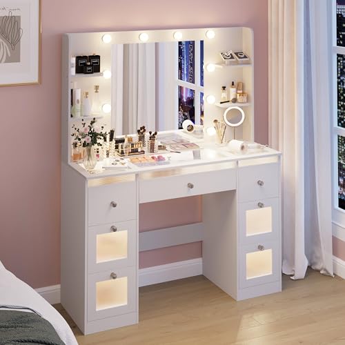 Makeup Vanity with Lights, Glass Top Desk with Mirror for Bedroom K649