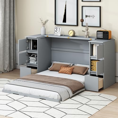 Full Size Murphy Bed with Drawers, Cabinets and USB Ports, Gray D589081