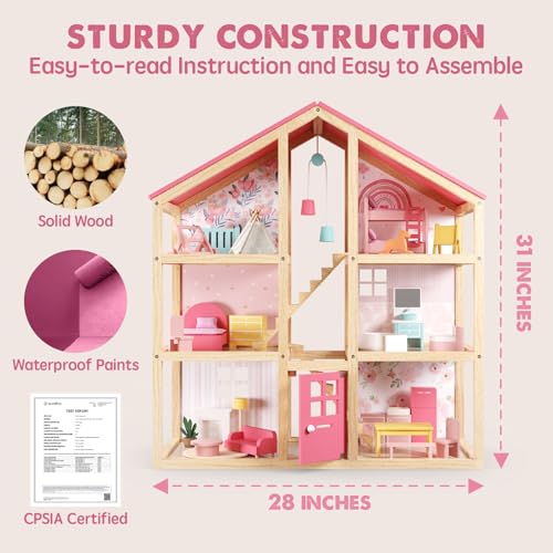 Tiny Land Wooden Dollhouse for Girls with 31Pcs Furniture Accessories, Green L263