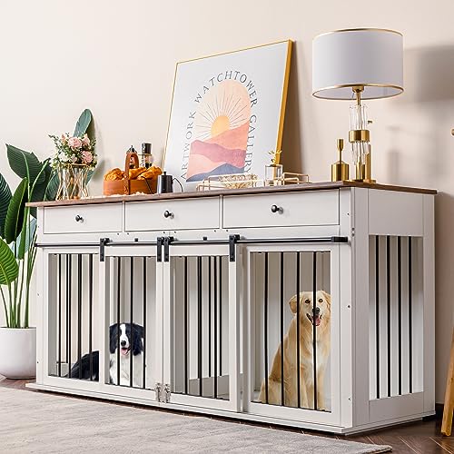 Sunseen Dog Crate Furniture Large Breed Wooden Kennel with Room Divider & 3 Drawer, Double Doors, Black F4828