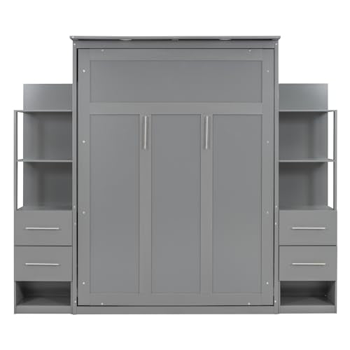 Full Size Murphy Bed with Drawers, Cabinets and USB Ports, Gray D589081