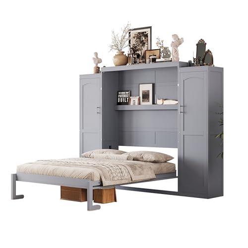 Harper & Bright Designs Full Murphy Bed with Two Closets and Storage Shelf, Walnut P2065