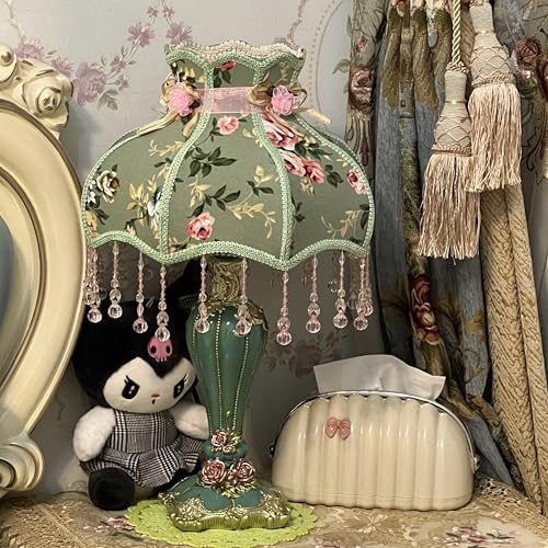 Vintage Floral Fabric Table Lamp with Beaded Lampshade G3551