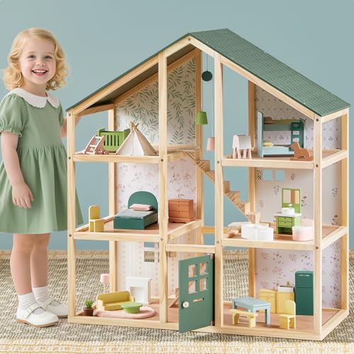 Tiny Land Wooden Dollhouse for Girls with 31Pcs Furniture Accessories, Green L263