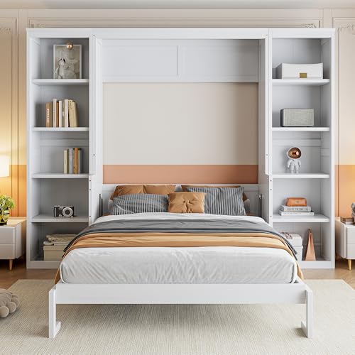 Queen Size Murphy Bed Wall Cabinet with 2 Wardrobes and Storage Shelf, White E955210