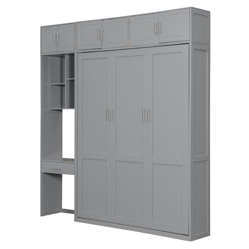 PURLOVE Wood Twin Murphy Bed with Light and USB, Gray W600663