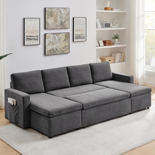 55" 3-in-1 Convertible Sleeper Sofa Bed with Adjustable Backrest, Chenille, Beige R49011