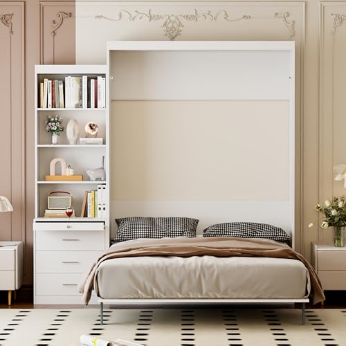 White Full Size Murphy Bed Cabinet with Shelf and Drawers Y948