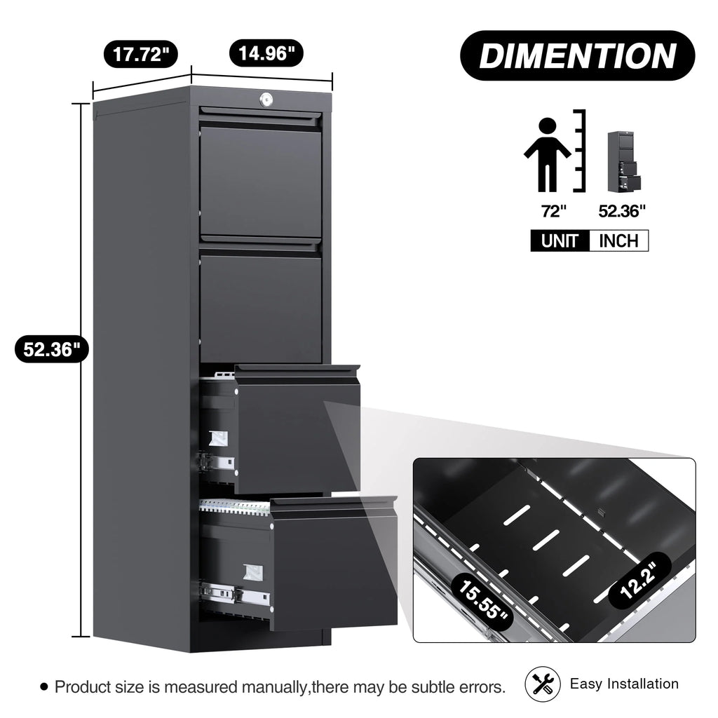 SUPEER 4 Drawer File Cabinet with Lock, Metal Vertical Storage, Black E499
