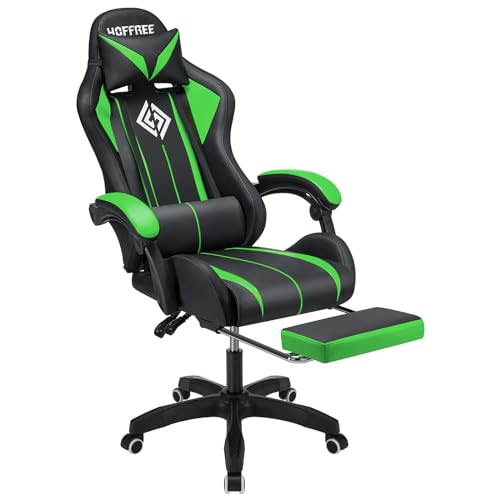 HOFFREE RGB Gaming Chair with Speakers and Footrest, Blue and Black B69323
