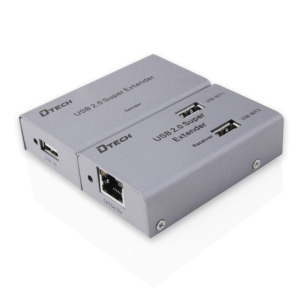 DTECH 50m Multiport USB Extender Over Ethernet Cat5 Cat6 Cable up to 164 ft Extension with 4 USB Expansion Port Data Hub Power Adapter for Camera Webcam Computer External Hard Drive Keyboard Mouse Pack of 2