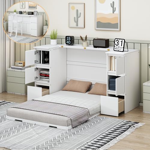 Full Size Murphy Bed with Drawers, Cabinets and USB Ports, Gray D589081