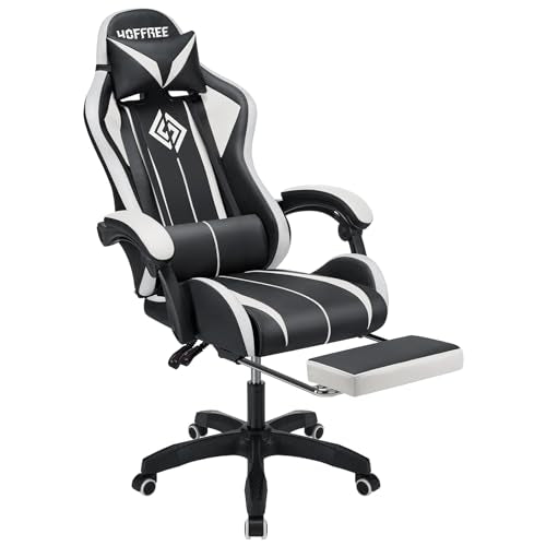 HOFFREE RGB Gaming Chair with Speakers and Footrest, Blue and Black B69323