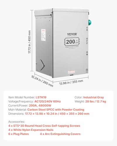VEVOR 200A Generator Transfer Switch, 48000W Manual Double-Throw, 120/240V, NEMA 3R O290