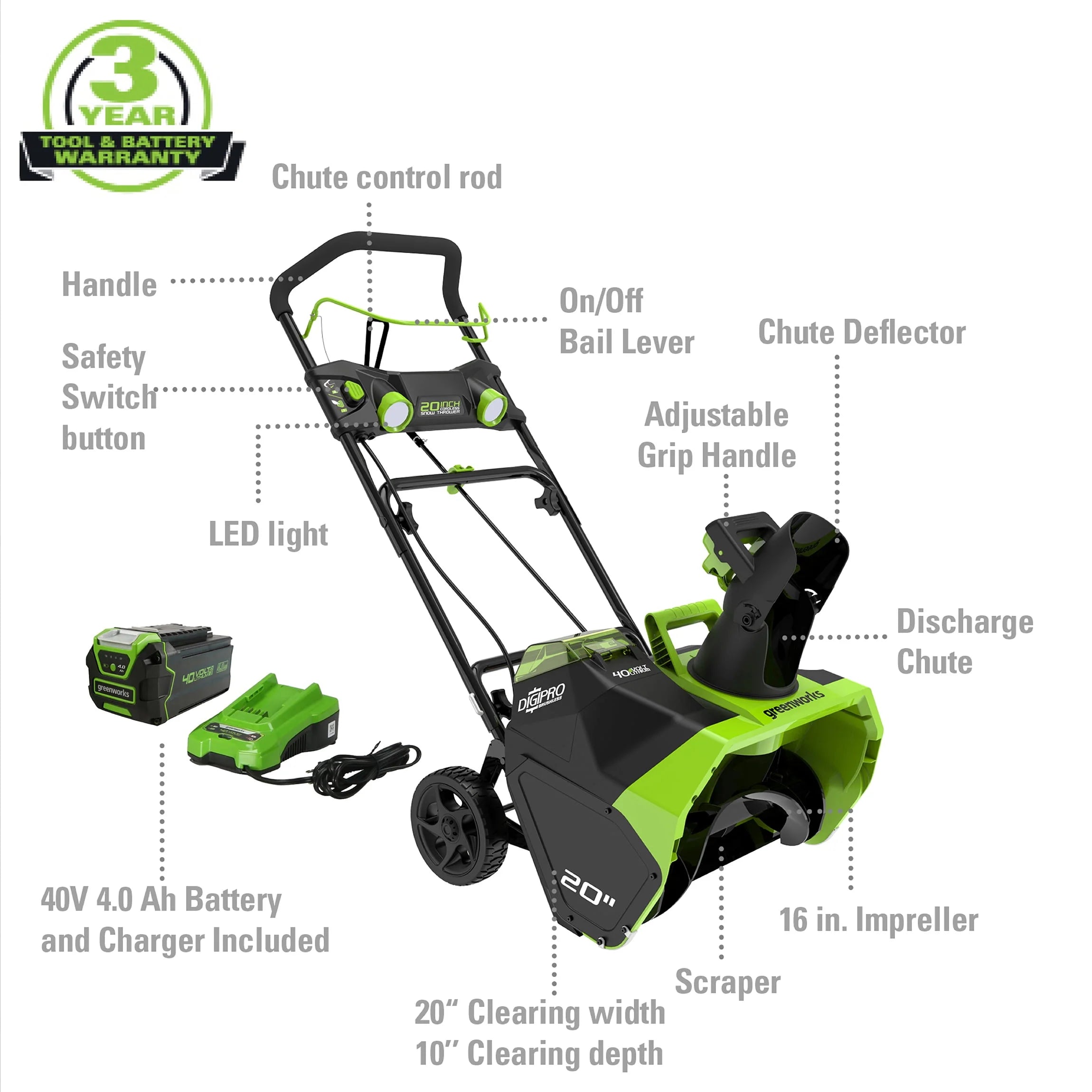 Greenworks 40V 20-inch Cordless Brushless Snow Blower with 4.0 Ah Battery and Charger W743347