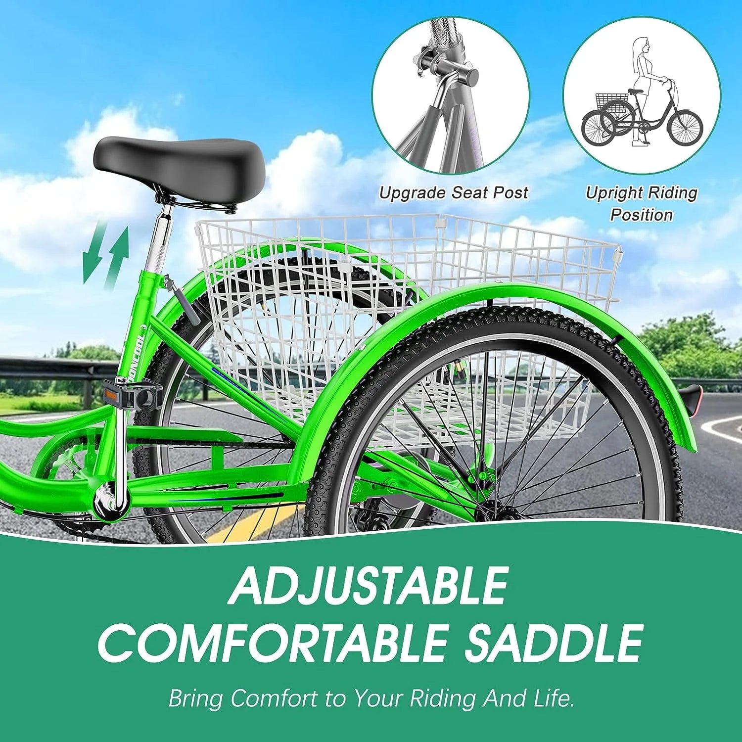 FICISOG 26 Adult Tricycle, 3 Wheel 7 Speed, 450lbs Capacity with Basket X547