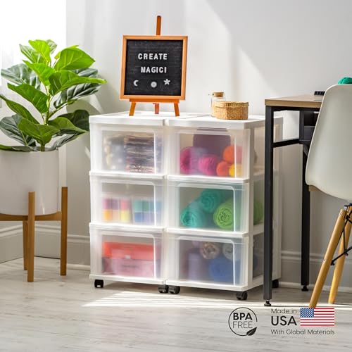 IRIS USA Plastic 3-Drawer Rolling Storage Cart with Wheels, White/Clear Y619