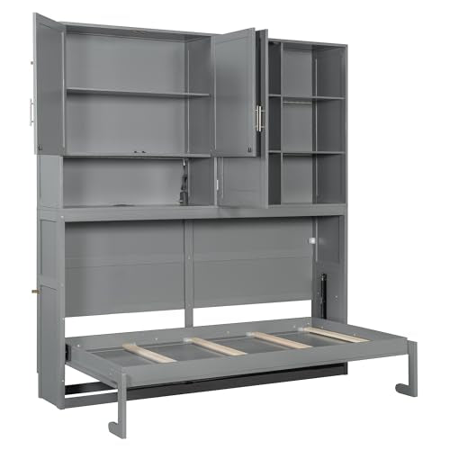 SOFTSEA Twin Murphy Bed Frame with Storage, Foldable Wall Bed, Gray I79151
