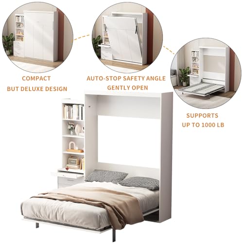 Queen Size Murphy Bed Wall Cabinet with 2 Wardrobes and Storage Shelf, White E955210