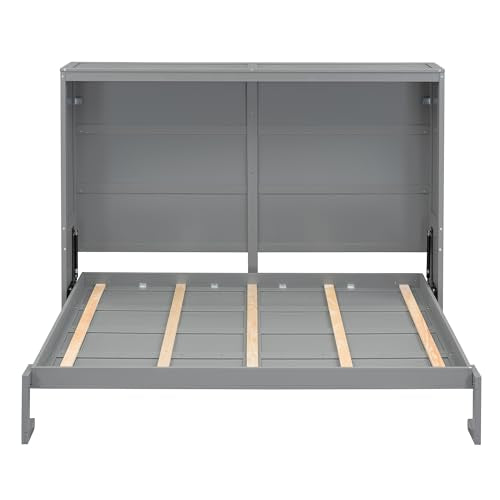 Harper & Bright Designs Queen Murphy Bed with Storage Shelves and LED Lights, Gray D9429
