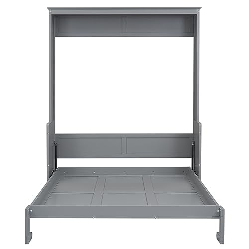 Queen Size Murphy Bed Wall Cabinet with 2 Wardrobes and Storage Shelf, White E955210