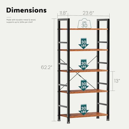 5 Tier Tall Bookcase Bookshelf Organizer Storage Unit Rustic Brown G866