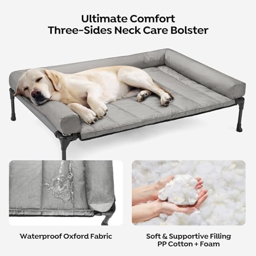 Veehoo Elevated Dog Bed with Removable Waterproof Bolster Cushion, Breathable Mesh, Indoor Outdoor, 42x30 inches, Beige U875430