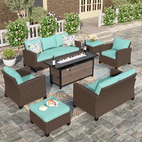 HERA'S HOUSE Patio Furniture Set with 56" Fire Pit Table, 6 Pieces 7 Seats Wicker Sectional Z546196