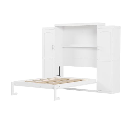 Queen Size Murphy Bed Wall Cabinet with 2 Wardrobes and Storage Shelf, White E955210