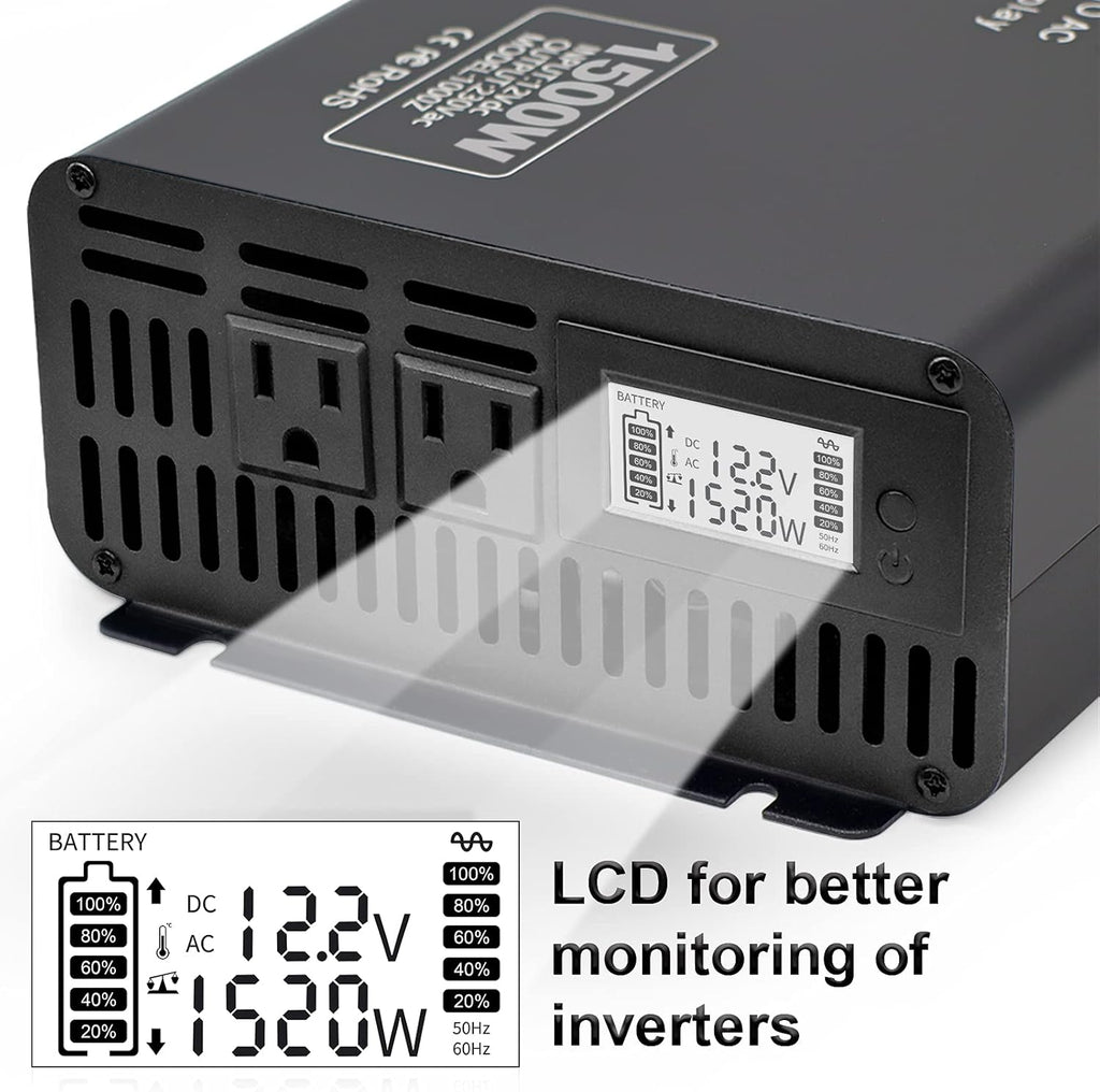 Pure Sine Wave Power Inverter 1500W DC 12V to AC 110V with 2 Outlets LCD Display X168216