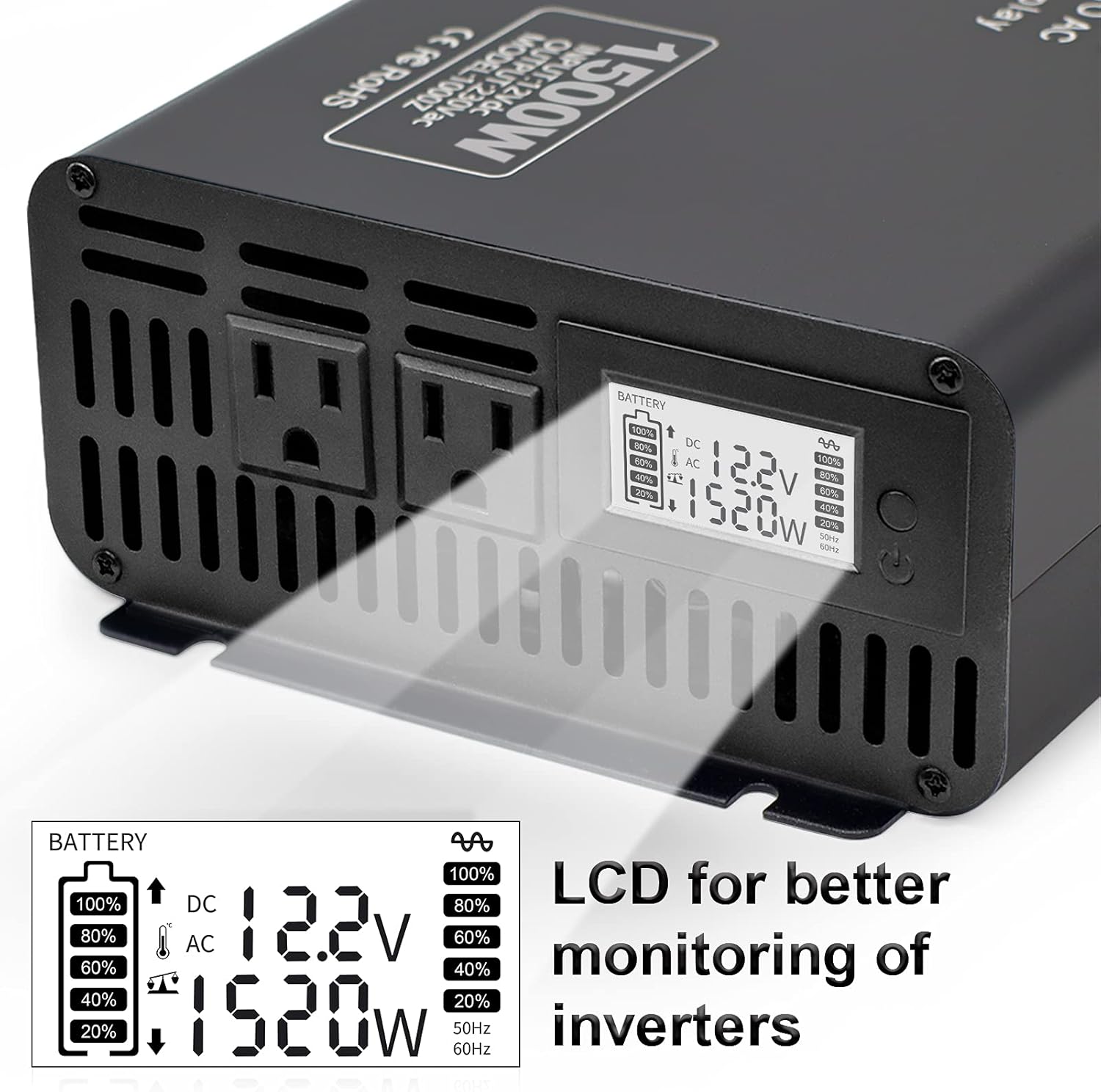 Pure Sine Wave Power Inverter 1500W DC 12V to AC 110V with 2 Outlets LCD Display X168216