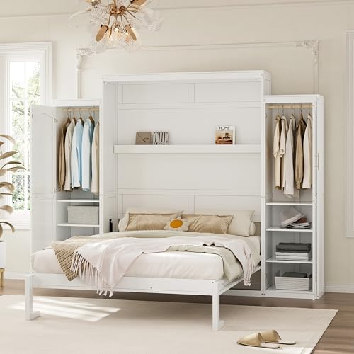 Queen Size Murphy Bed Wall Cabinet with 2 Wardrobes and Storage Shelf, White E955210