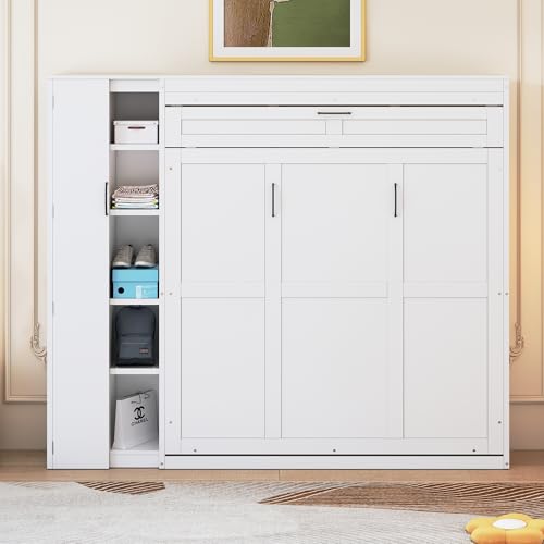 Harper & Bright Designs Queen Murphy Bed with Storage Shelves and LED Lights, Gray D9429