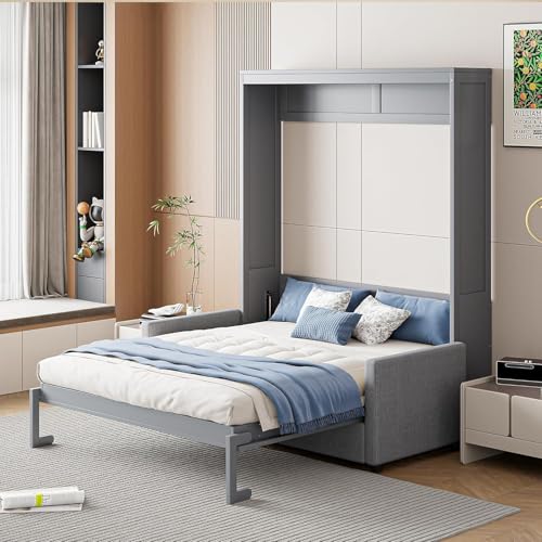 MERITLINE Queen Murphy Bed with Couch and Storage Shelves, White M951