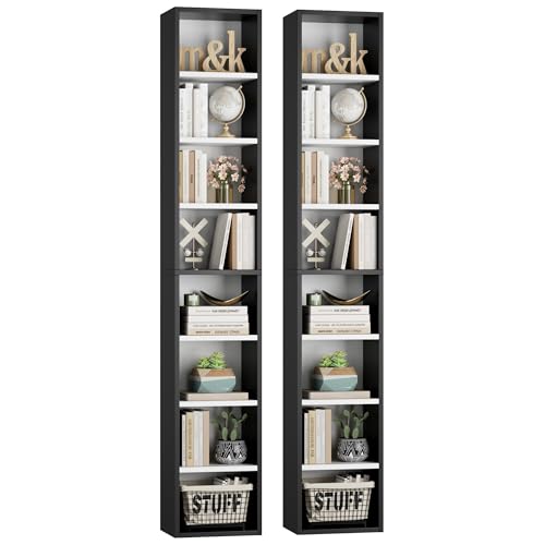 FOTOSOK 8-Tier Media Tower Rack, Tall Narrow Bookcase, Black/Brown W19438