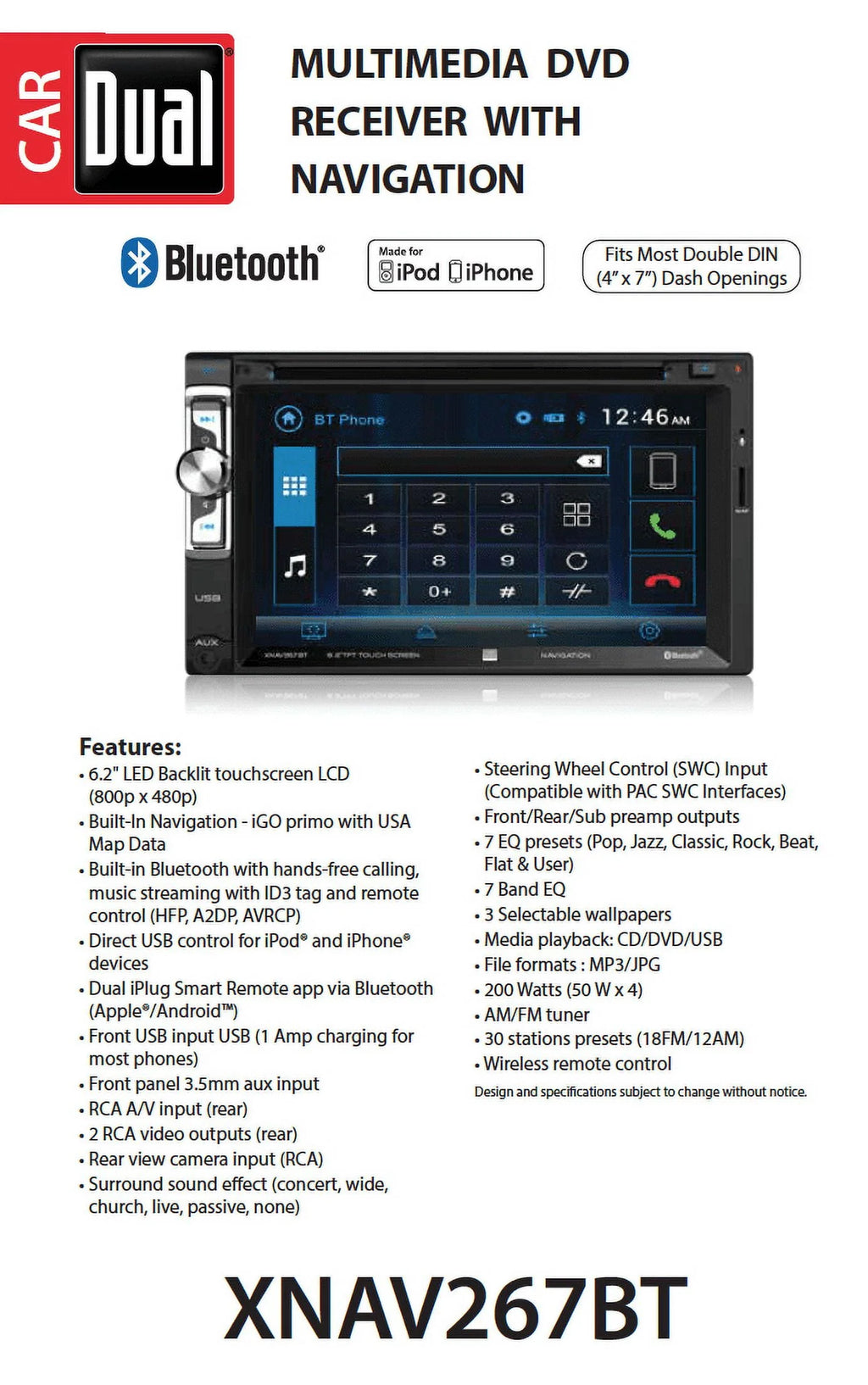 Dual Electronics XNAV267BT 6.2" Double Din Car Stereo with Navigation N168