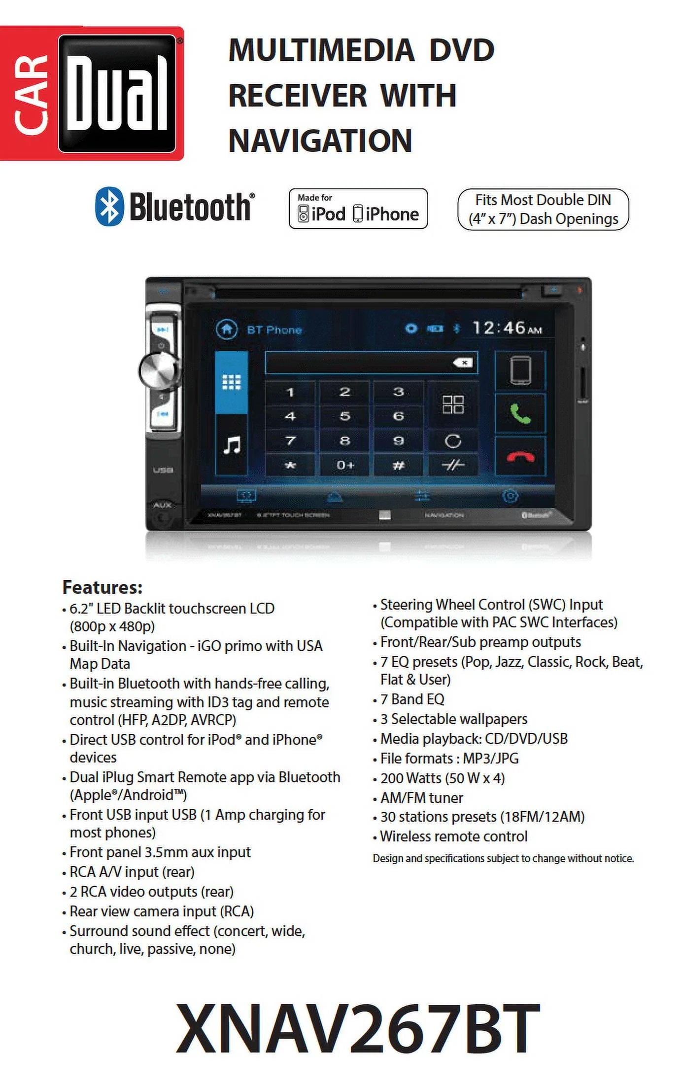 Dual Electronics XNAV267BT 6.2" Double Din Car Stereo with Navigation N168