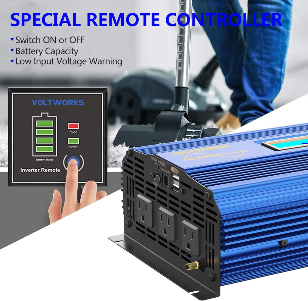 VOLTWORKS 1500W Pure Sine Wave Power Inverter 12V to 110V-120V with Remote Control and Dual USB Ports B91178