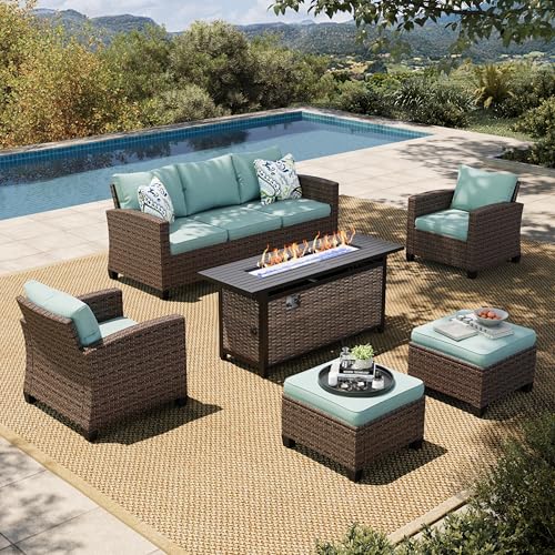 HERA'S HOUSE Patio Furniture Set with 56" Fire Pit Table, 6 Pieces 7 Seats Wicker Sectional Z546196