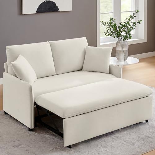 55" 3-in-1 Convertible Sleeper Sofa Bed with Adjustable Backrest - Soft Chenille Futon Couch for Living Room, Office & Apartment, Beige
