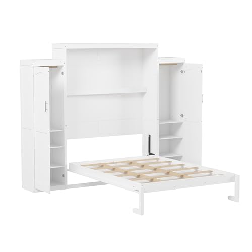 Queen Size Murphy Bed Wall Cabinet with 2 Wardrobes and Storage Shelf, White E955210
