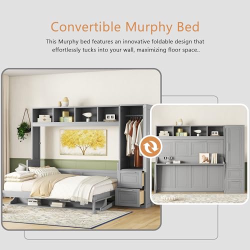 Linique Murphy Cabinet Wall Bed with Closet, Drawers and Top Shelf, Gray K190832