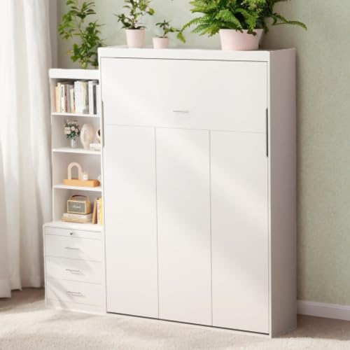 White Full Size Murphy Bed Cabinet with Shelf and Drawers Y948