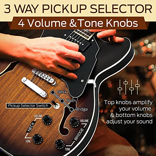 Pyle Semi Hollow Body Electric Guitar Set with Gig Bag, Matte Sunburst F19271