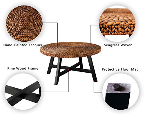 RANDEFURN Round Seagrass Coffee Table with Pine Wood X Base, 32 x 17 Inches E987219