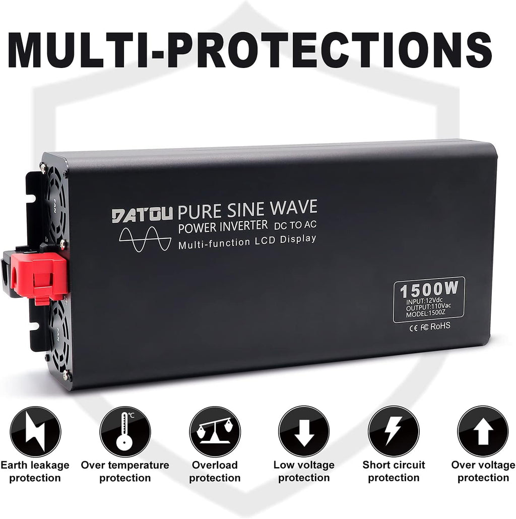 Pure Sine Wave Power Inverter 1500W DC 12V to AC 110V with 2 Outlets LCD Display X168216
