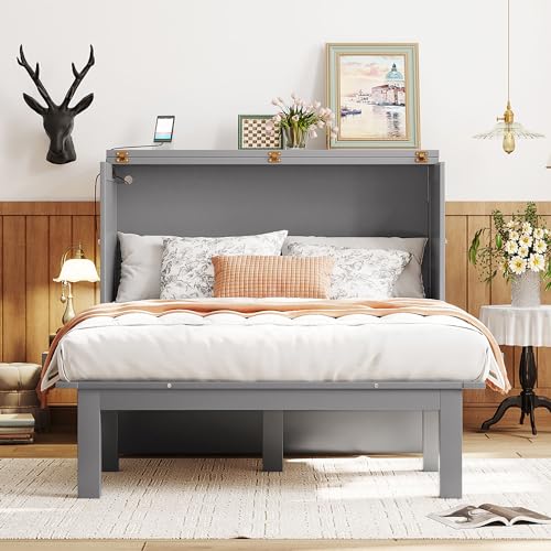 Full Size Murphy Bed with Drawers, Cabinets and USB Ports, Gray D589081
